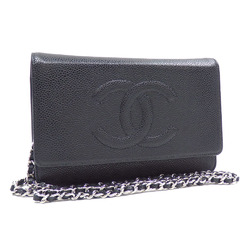 Chanel Chain Wallet for Women, Black, Caviar Skin, 8654, Long Wallet, Coco Mark, Leather