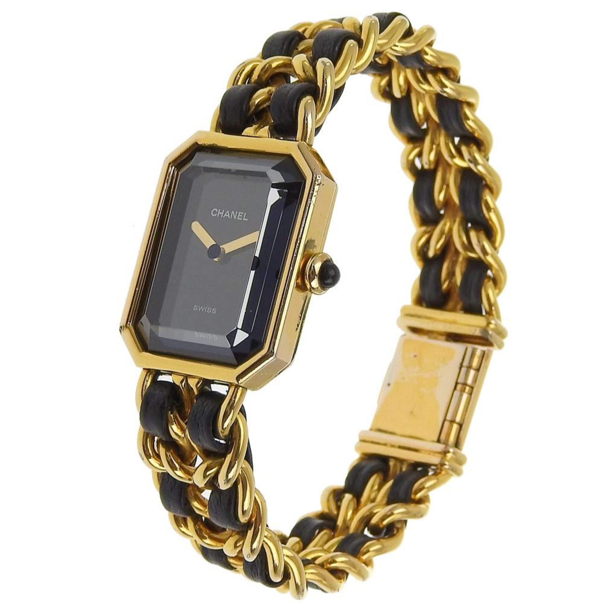 CHANEL Premiere L Watch, Gold-plated x Leather, Quartz, Analog Display, Black Dial, L, Women's