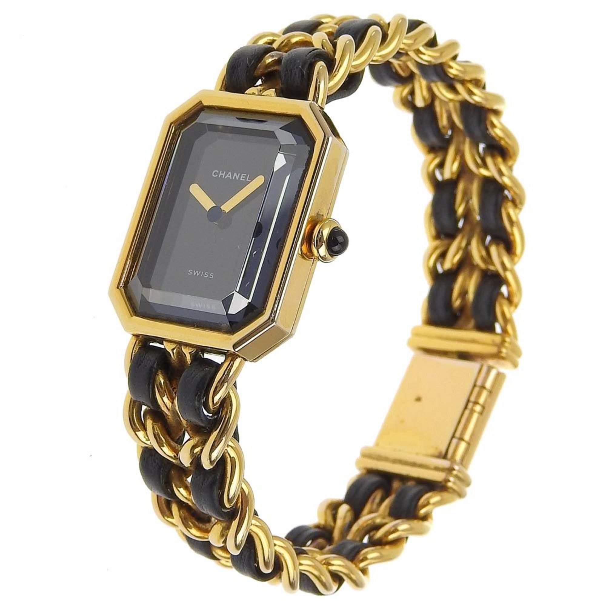 CHANEL Premiere L Watch, Gold-plated x Leather, Quartz, Analog Display, Black Dial, L, Women's