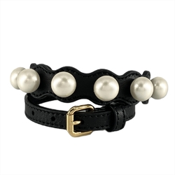 FENDI Bracelet, Faux Pearl, Leather, Medium, Black