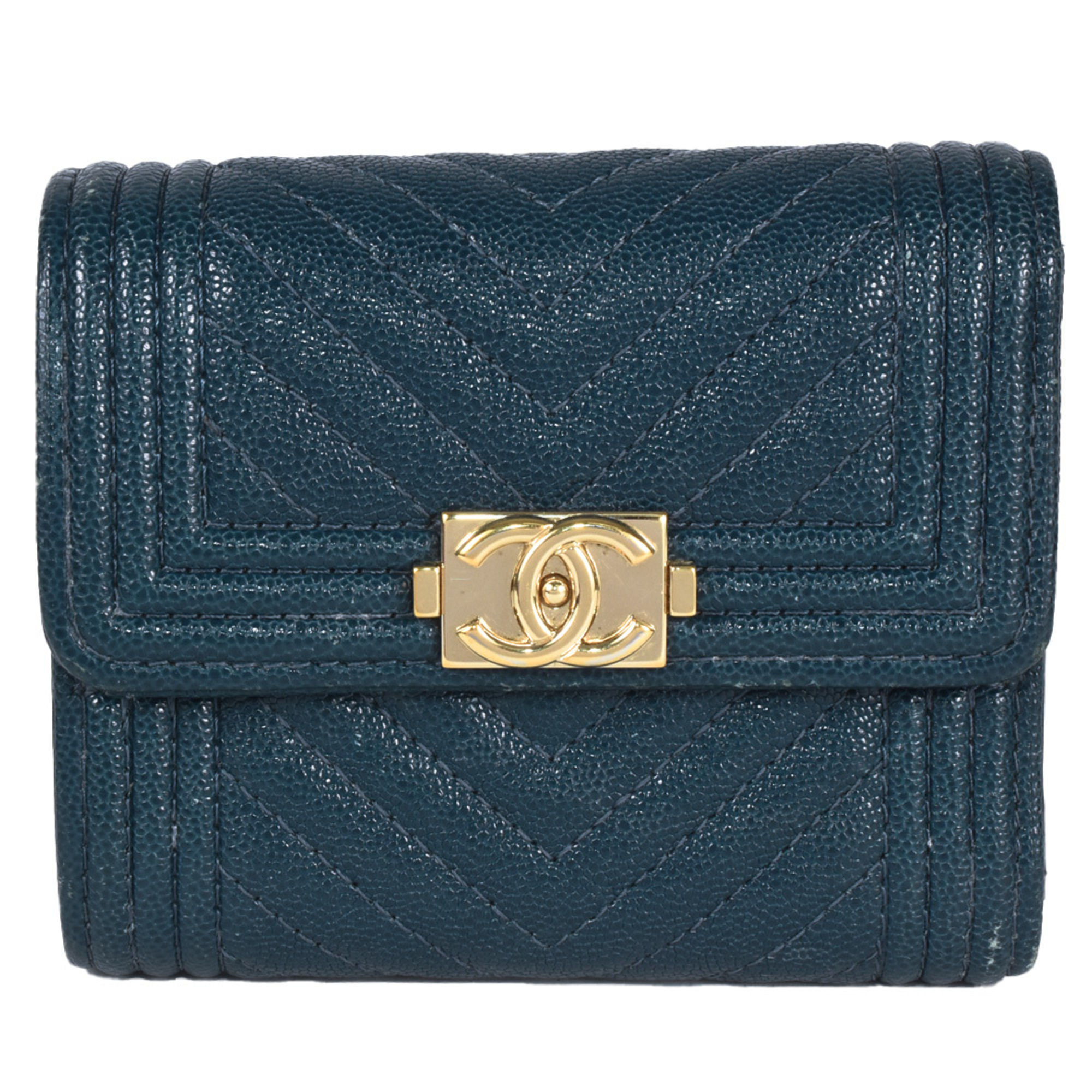 CHANEL Boy Chanel Coco Mark Chevron Tri-fold Wallet Caviar Skin Navy