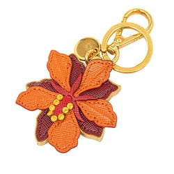 Prada Plate Flower Motif Key Ring Holder Gold Wine Red Orange Plated Leather Women's PRADA