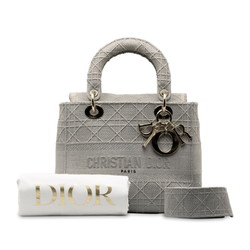 Christian Dior Dior Cannage Lady Handbag Shoulder Bag Grey Canvas Women's
