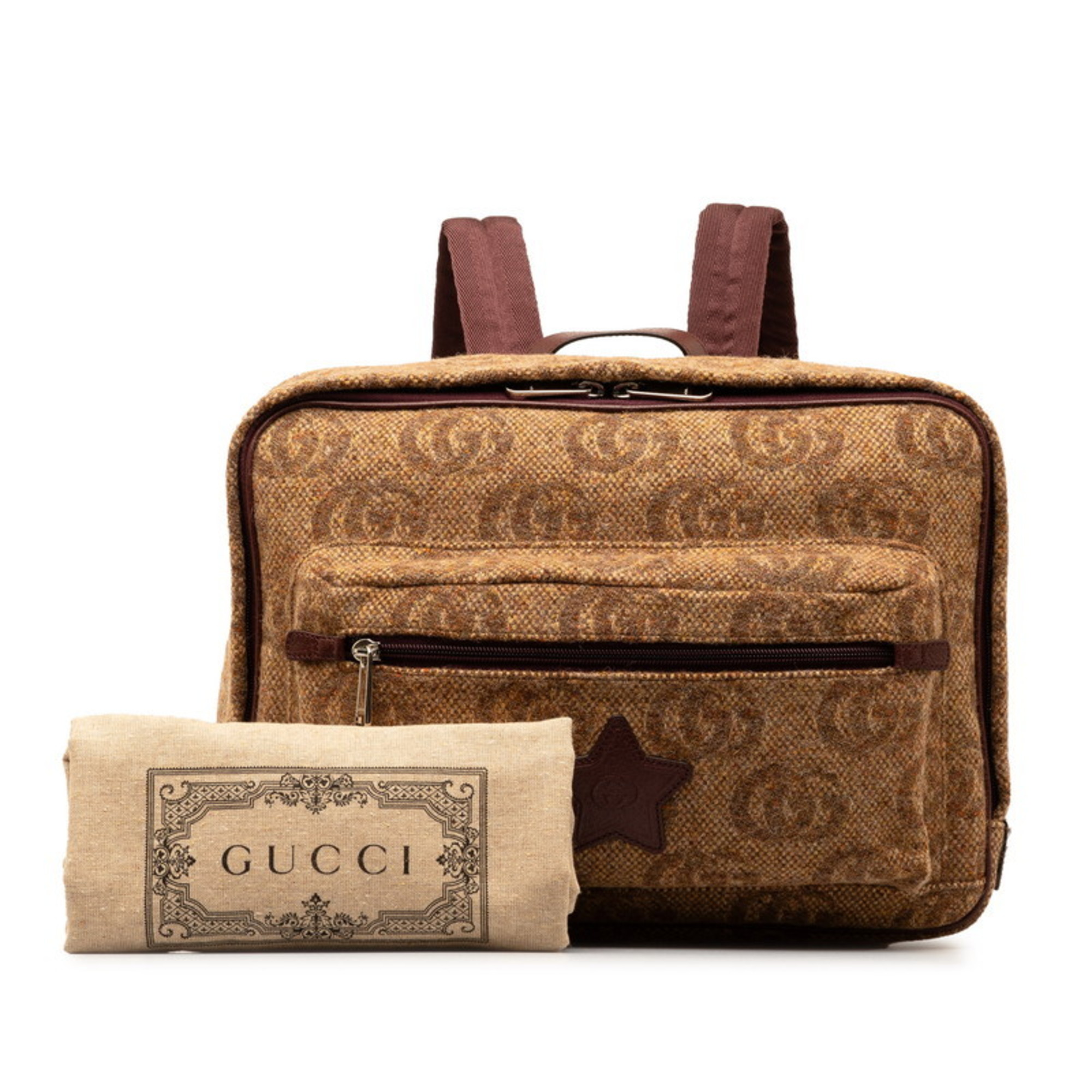Gucci Double G Star Backpack 704946 Brown Wool Leather Women's GUCCI