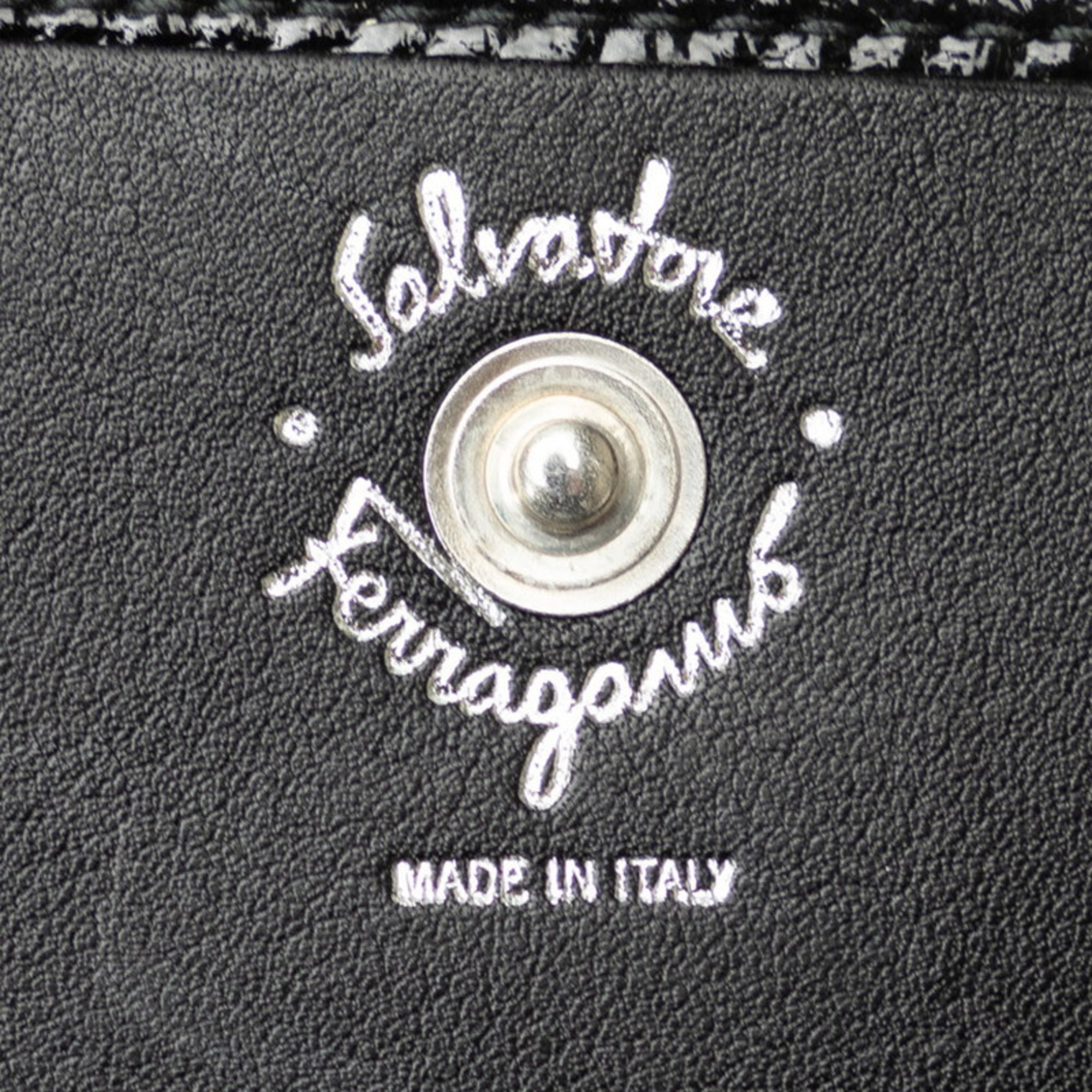 Salvatore Ferragamo Gancini Bi-fold Wallet Compact Black Silver Patent Leather Women's