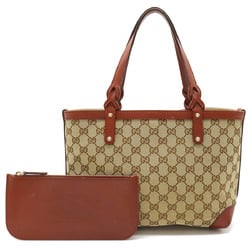 GUCCI GG Canvas Tote Bag Handbag Leather Khaki Beige Brown Red Reddish 269878