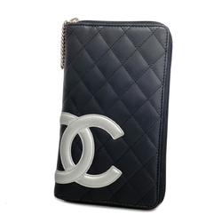 Chanel Long Wallet Cambon Lambskin Black Silver Women's
