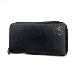 Chanel Long Wallet Camellia Leather Black Women's