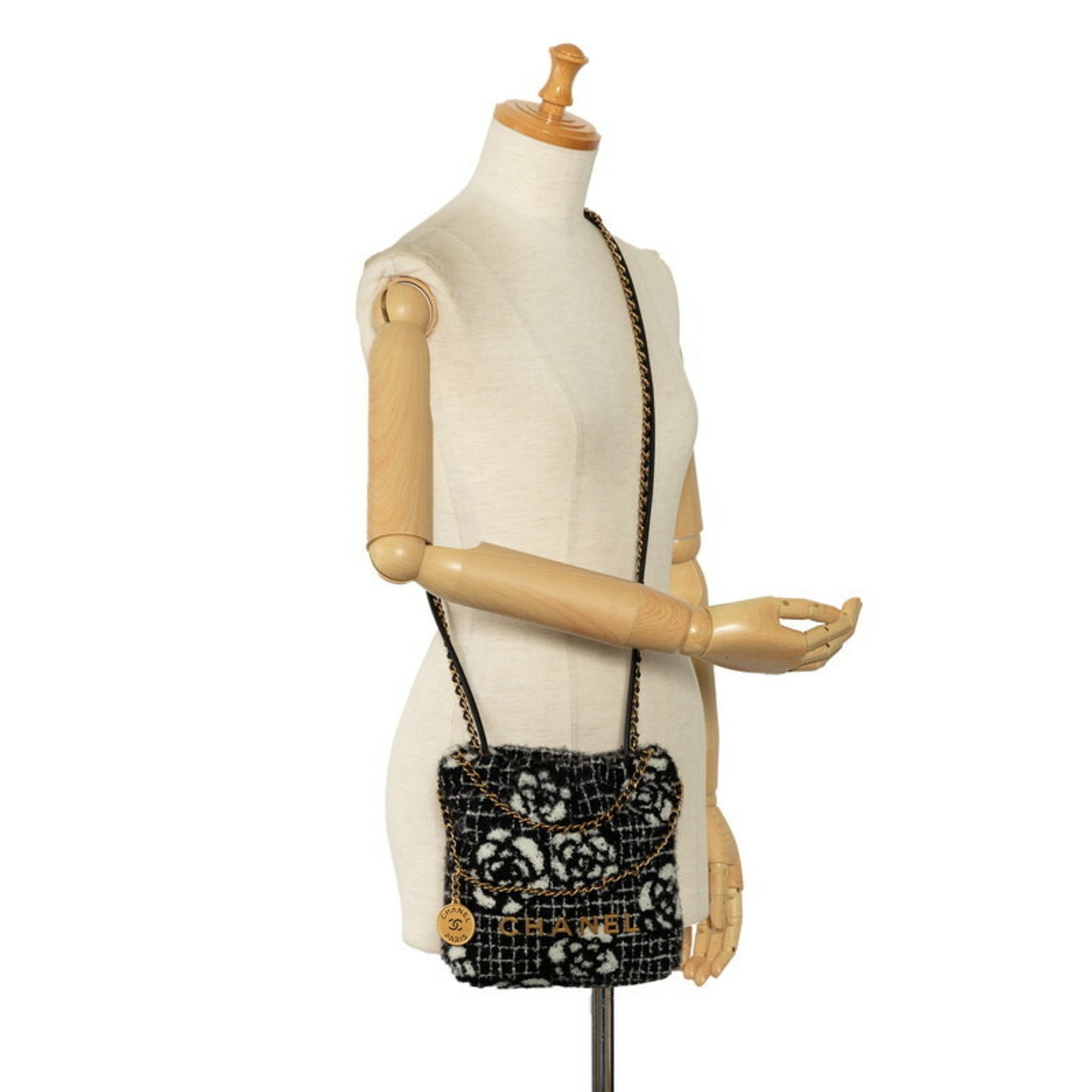Chanel Camellia Coco Mark Chain Tote Bag Shoulder Black White Cotton Women's CHANEL