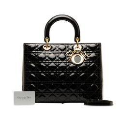 Christian Dior Dior Cannage Lady Handbag Shoulder Bag Black Gold Enamel Women's