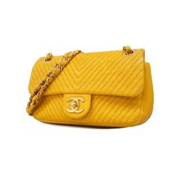 Chanel Shoulder Bag V Stitch W Chain Leather Yellow Women's
