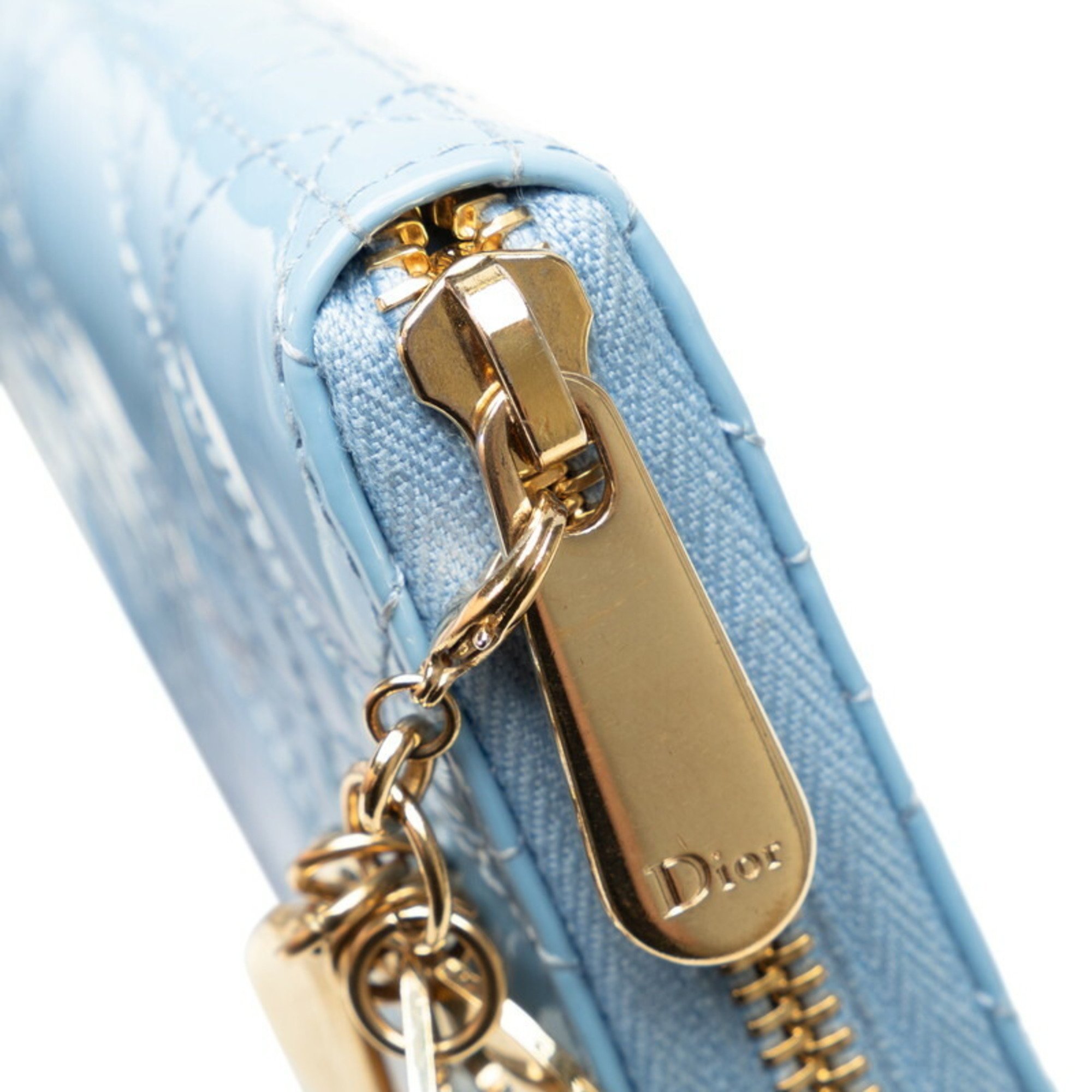 Christian Dior Dior Cannage Round Long Wallet Light Blue Enamel Women's