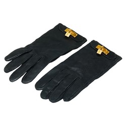 Hermes Kelly Glove Padlock Charm Gloves Size: 6 1/2 Black Gold Leather Plated Women's HERMES