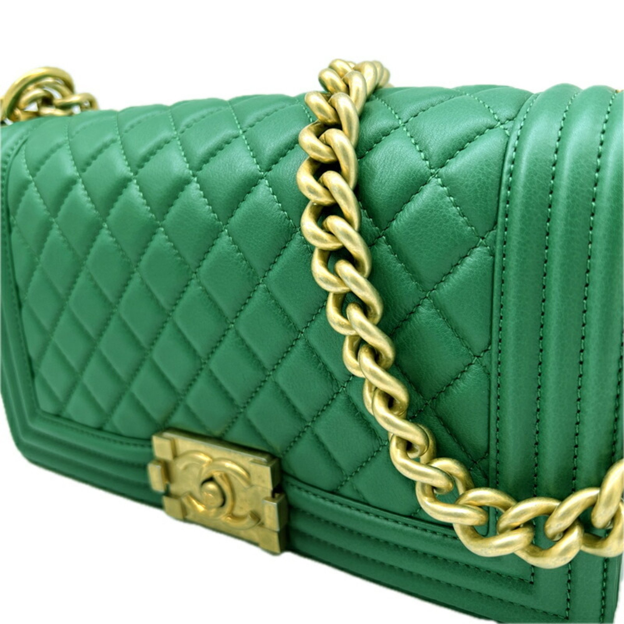 CHANEL Boy Chanel Chain Shoulder Bag 25 Lambskin Green A67086 Women's