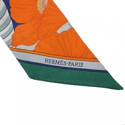 HERMES Twilly PRECIOUS PARADISE Blue jean/orange 064094S Women's 100% silk scarf muffler