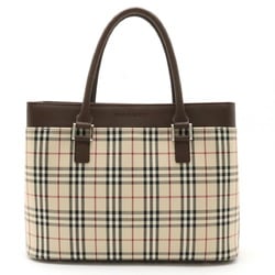 BURBERRY Nova Check Pattern Tote Bag Handbag Canvas Leather Beige Red Dark Brown