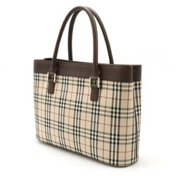 BURBERRY Nova Check Pattern Tote Bag Handbag Canvas Leather Beige Red Dark Brown