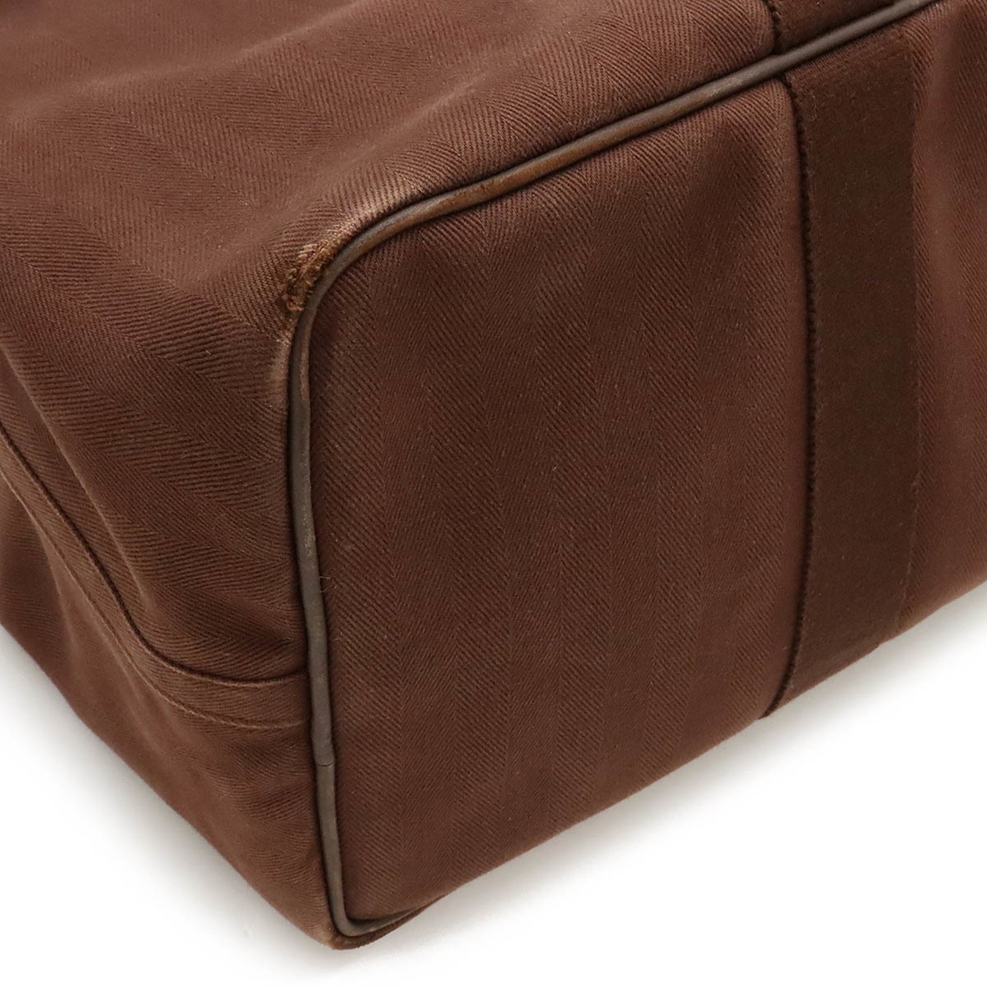 HERMES Valparaiso GM handbag tote bag toile chevron canvas leather brown K stamp