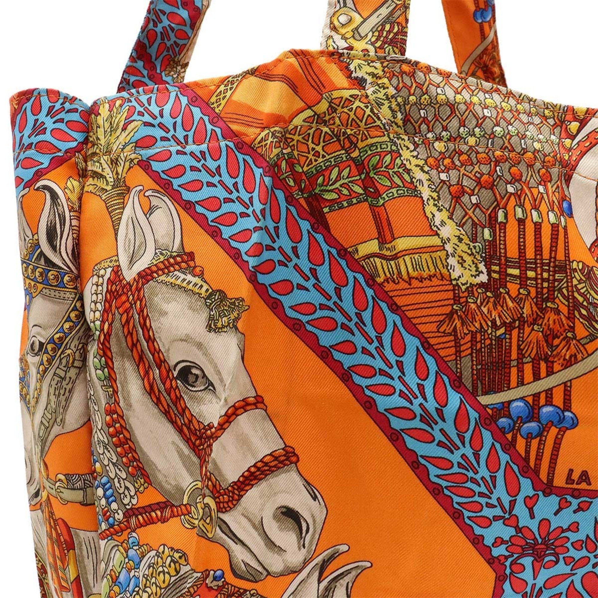 HERMES Silky Pop Eco Bag Tote Foldable Marwari Horse Dance Leather Silk Brown Orange Multicolor
