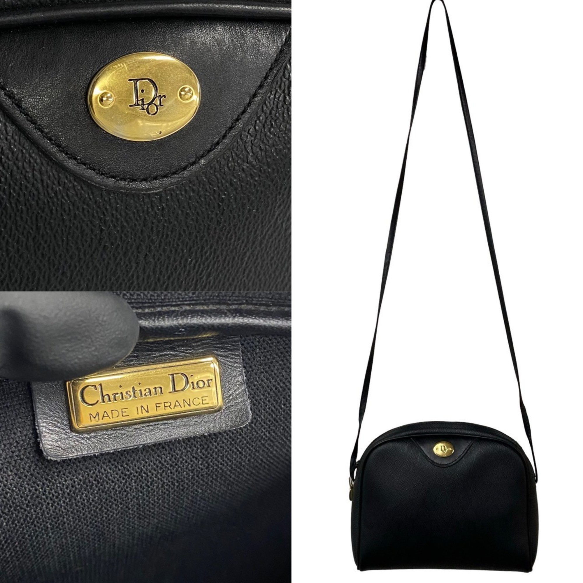 Christian Dior Honeycomb Pattern Leather Shoulder Bag Pochette Sacoche Black 30252