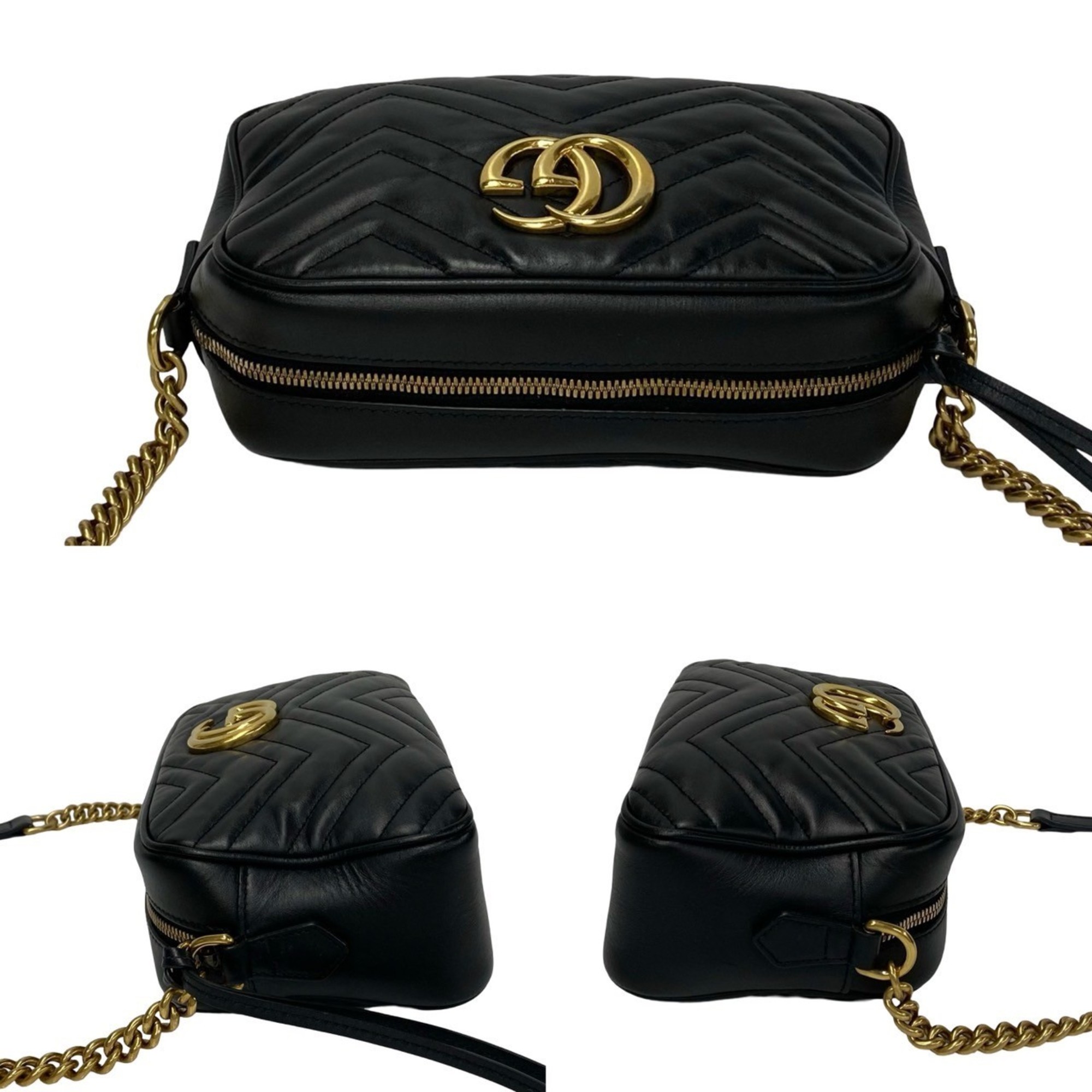 GUCCI GG Marmont Quilted Metal Fittings Leather Chain Shoulder Bag Black 618-2