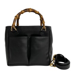 GUCCI Old Gucci Bamboo Leather 2way Shoulder Bag Handbag Tote Black 612-10