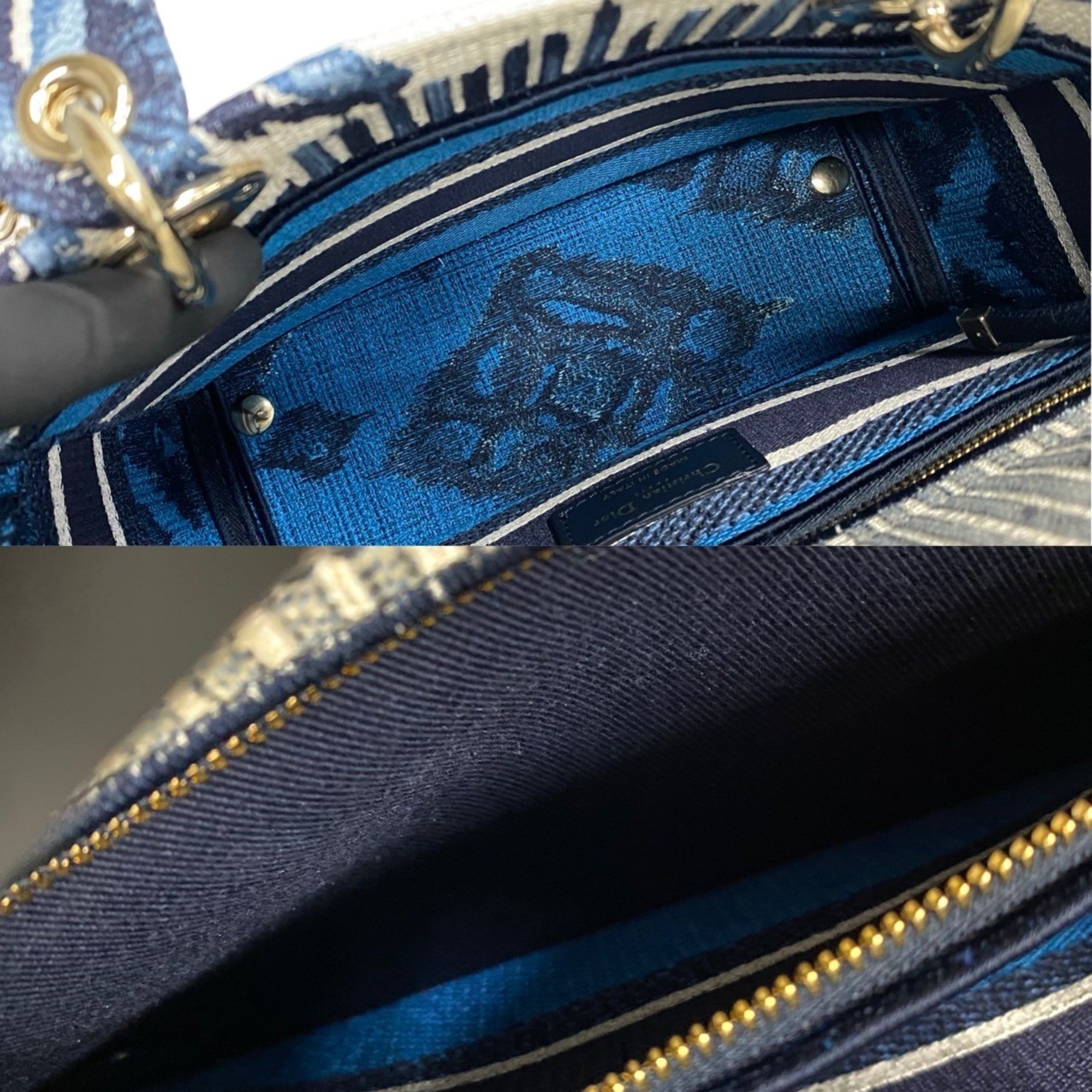 Christian Dior Lady D-Lite Medium Canvas 2way Handbag Shoulder Bag Blue White 716-10