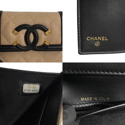 CHANEL Caviar Skin CC Filigree Matelasse Leather Coco Mark Bi-fold Wallet Beige Black 07490