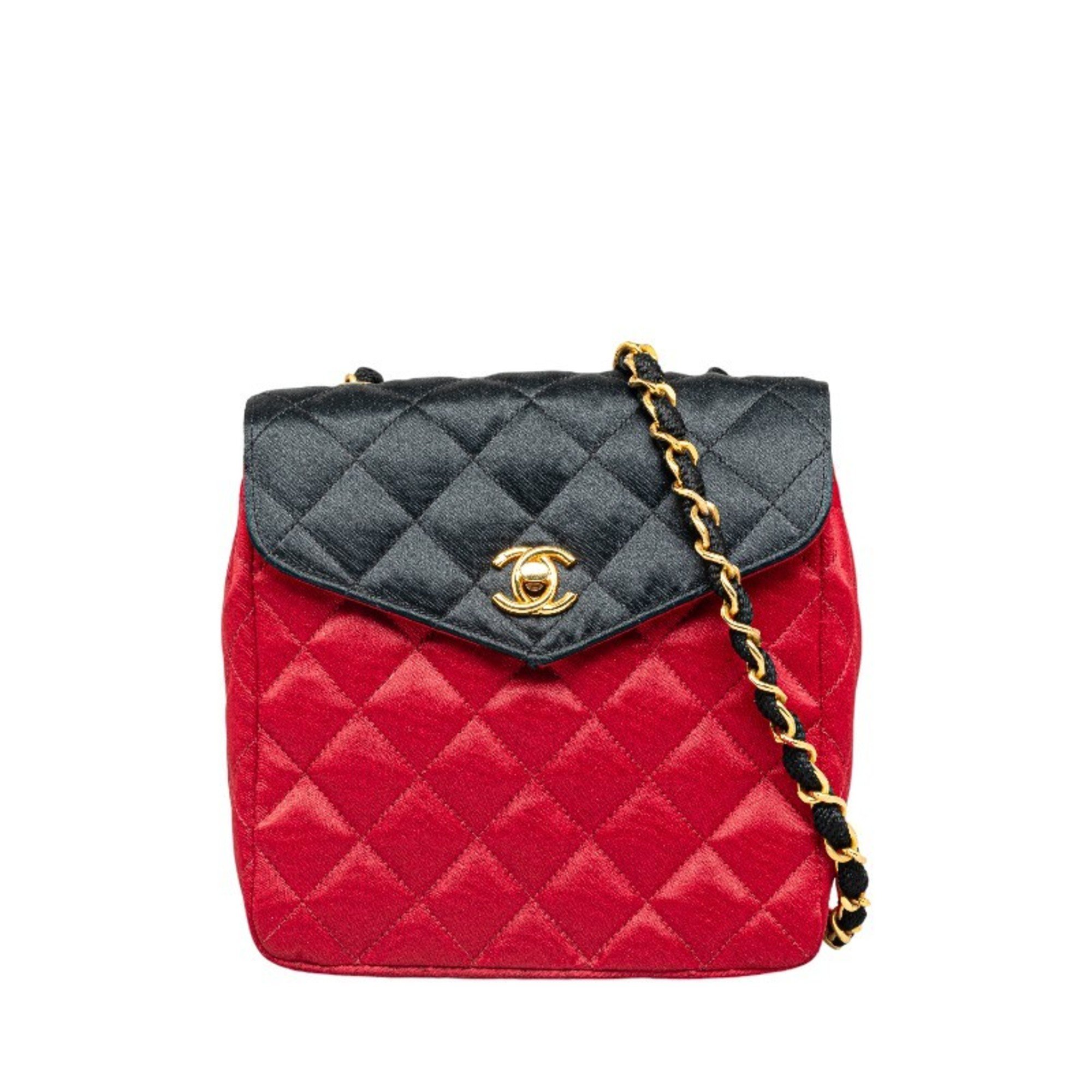 Chanel Matelasse Coco Mark Chain Shoulder Bag Red Black Satin Women's CHANEL