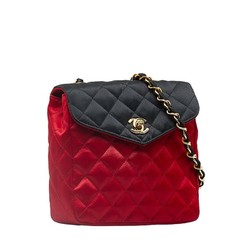 Chanel Matelasse Coco Mark Chain Shoulder Bag Red Black Satin Women's CHANEL