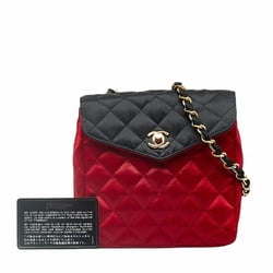 Chanel Matelasse Coco Mark Chain Shoulder Bag Red Black Satin Women's CHANEL