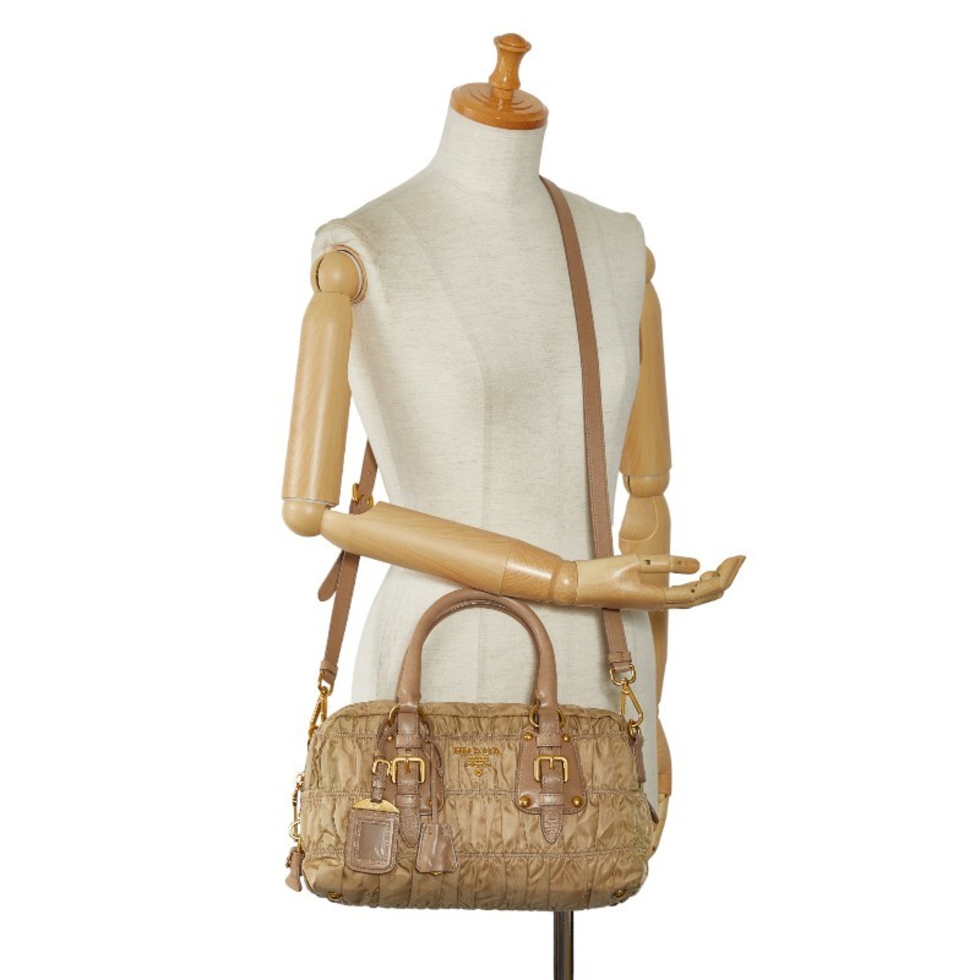Prada Gathered Handbag Shoulder Bag Beige Nylon Leather Women's PRADA