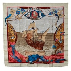 Hermes Carré 90 Christophe Colomb decouvre 1Amerique 12 Octobre 1492 Ship embroidery Columbus scarf muffler red grey multicolor silk women's HERMES