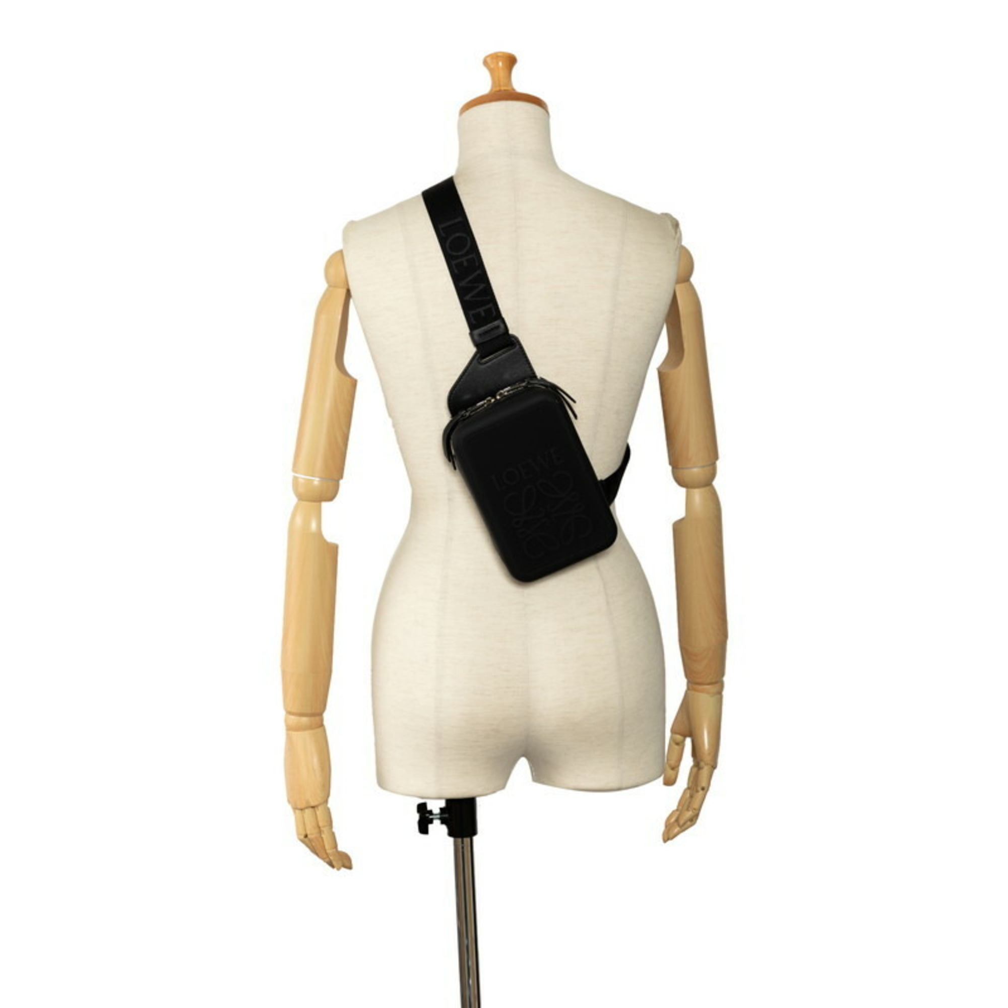 LOEWE Anagram Molded Waist Bag, Body Shoulder Bag 052239 Black Rubber Leather Men's