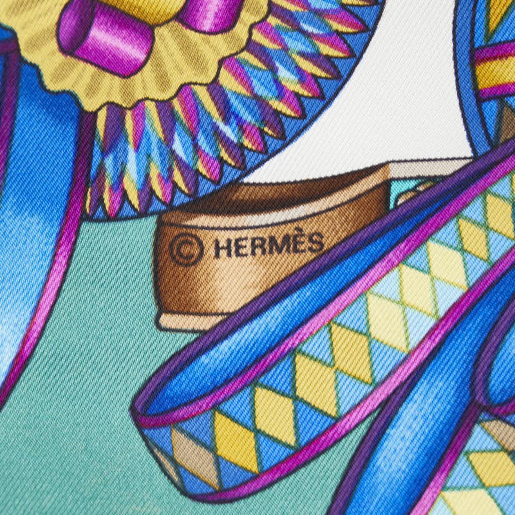 Hermes Carre 90 LES RUBANS DU CHEVAL Horse Ribbon Scarf Muffler Green Multicolor Silk Women's HERMES