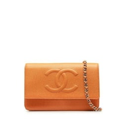 Chanel Coco Mark Chain Wallet Shoulder Bag Orange Silver Caviar Skin Women's CHANEL