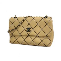 Chanel Shoulder Bag Wild Stitch W Chain Lambskin Beige Women's