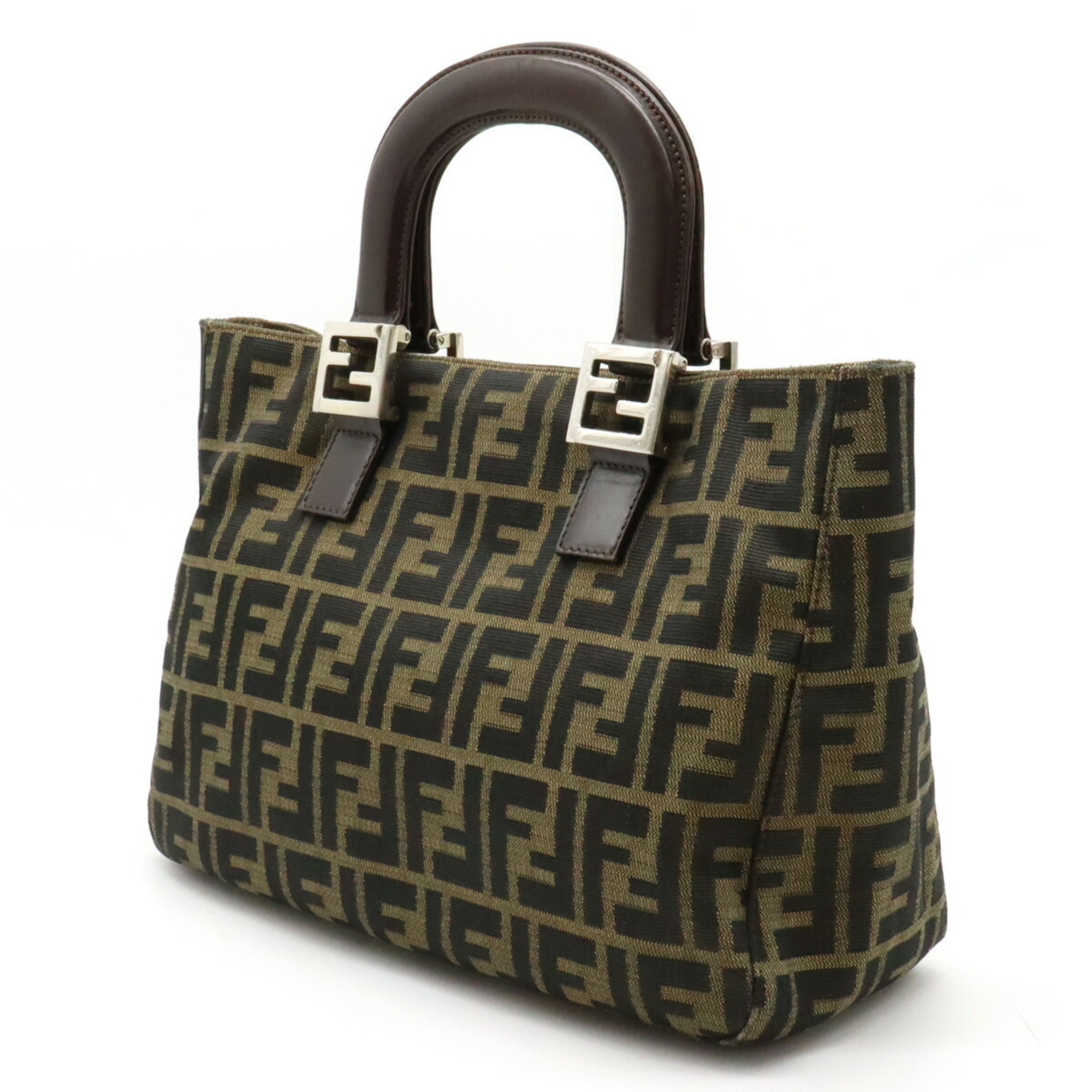FENDI Zucca pattern tote bag handbag canvas leather khaki dark brown