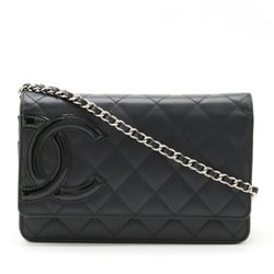 CHANEL Cambon Line Chain Wallet Clutch Bag Calf Leather Patent Black 6646