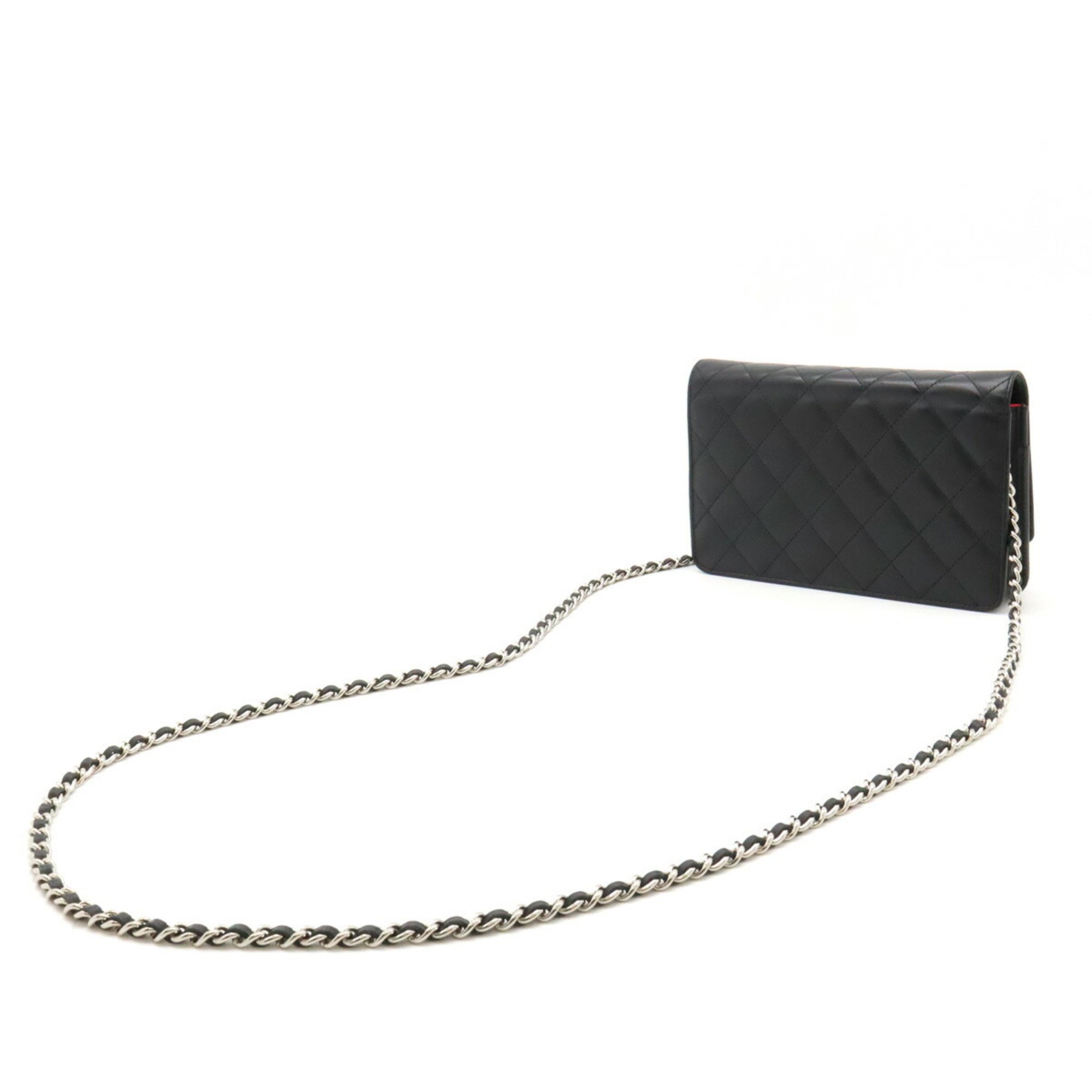 CHANEL Cambon Line Chain Wallet Clutch Bag Calf Leather Patent Black 6646