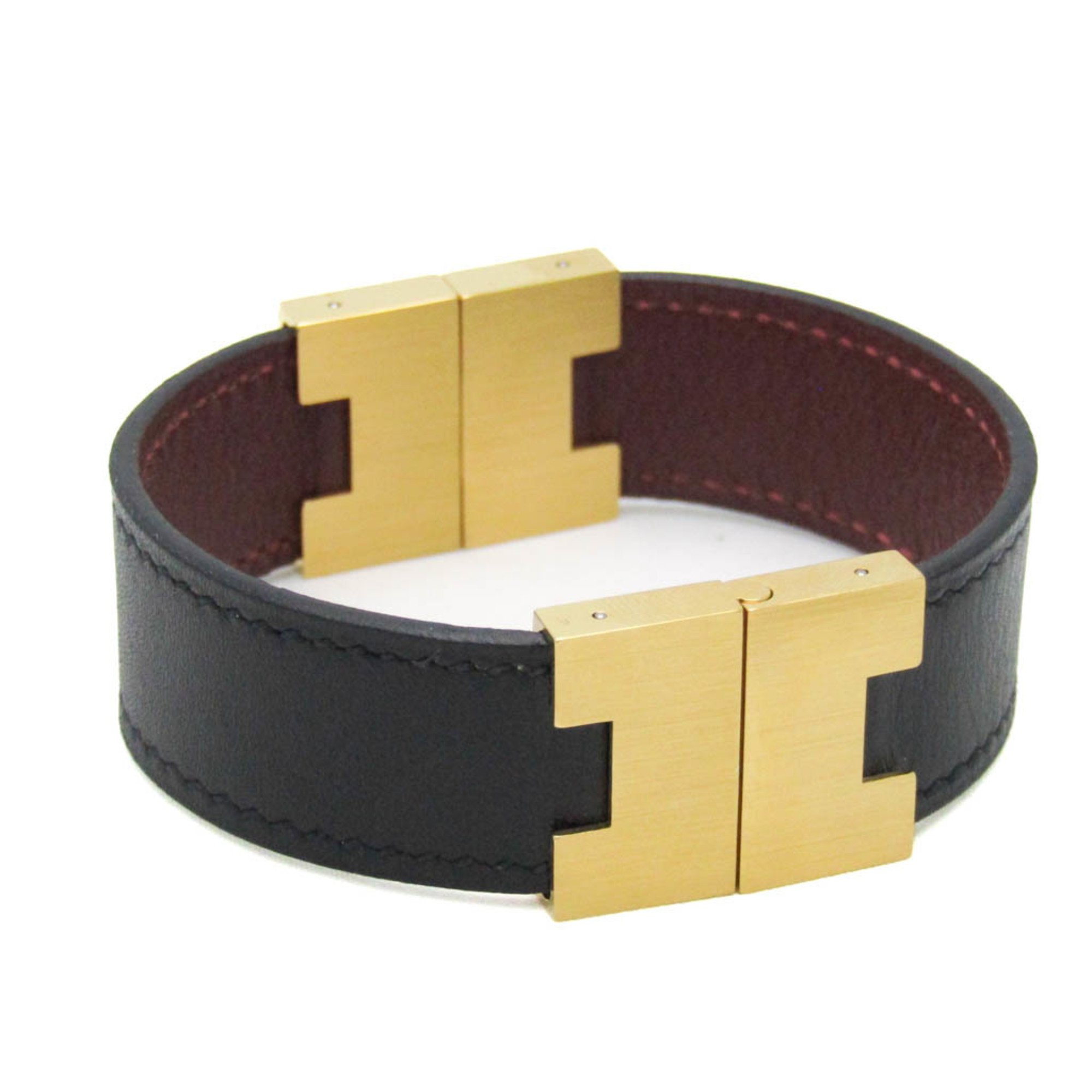 Hermes Lurie Reversible Leather,Metal Bangle Black,Bordeaux,Gold