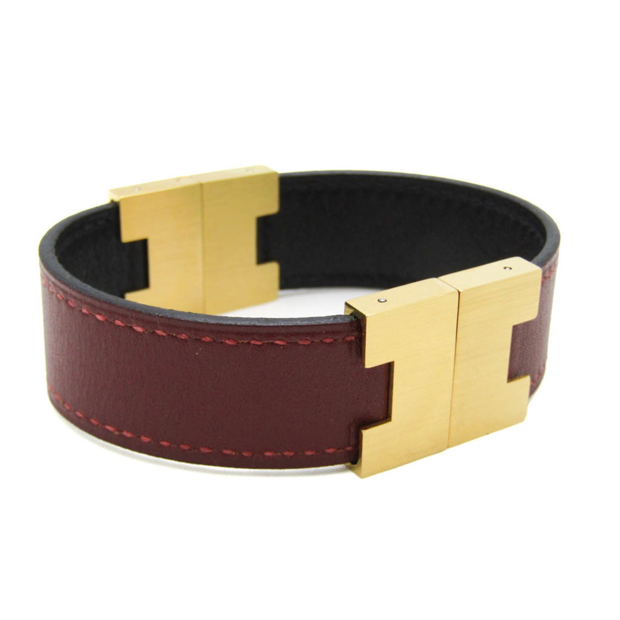 Hermes Lurie Reversible Leather,Metal Bangle Black,Bordeaux,Gold