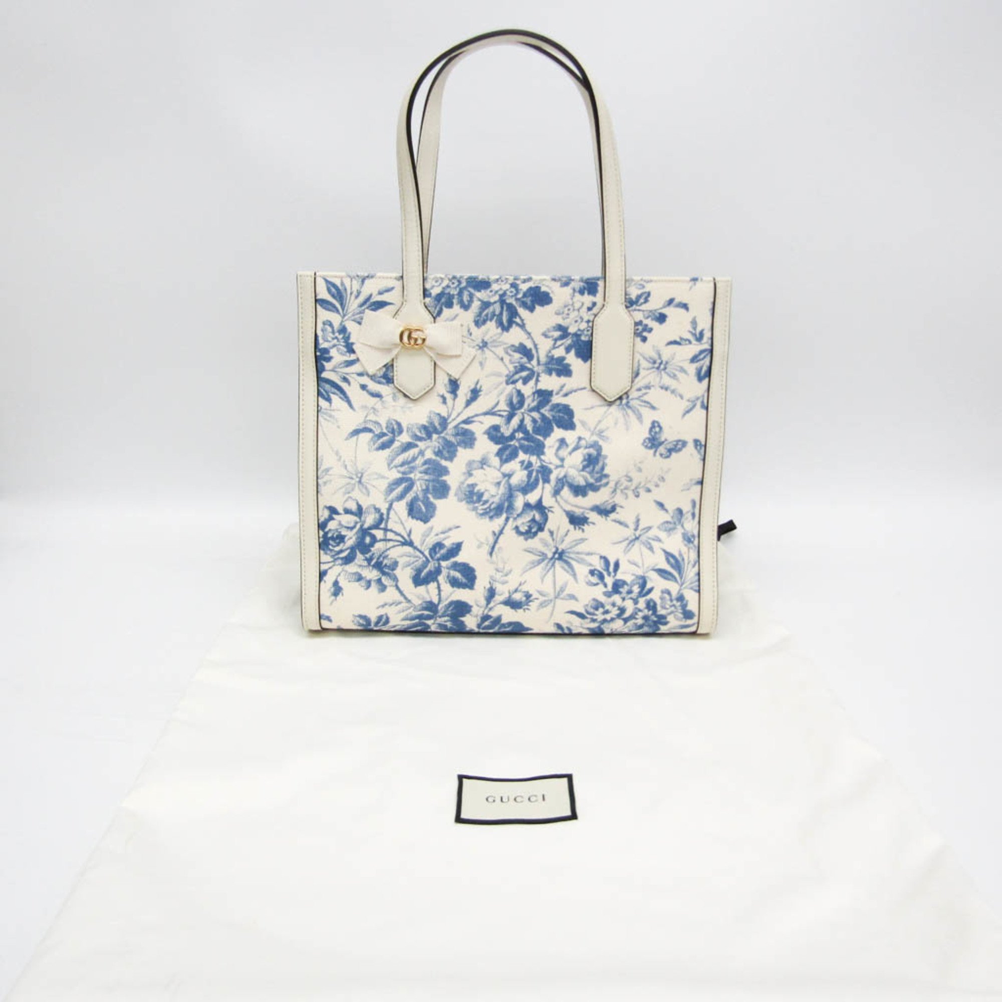 Gucci GG Ribbon Herbarium 432684 Women's Canvas,Leather Tote Bag Blue,Off-white