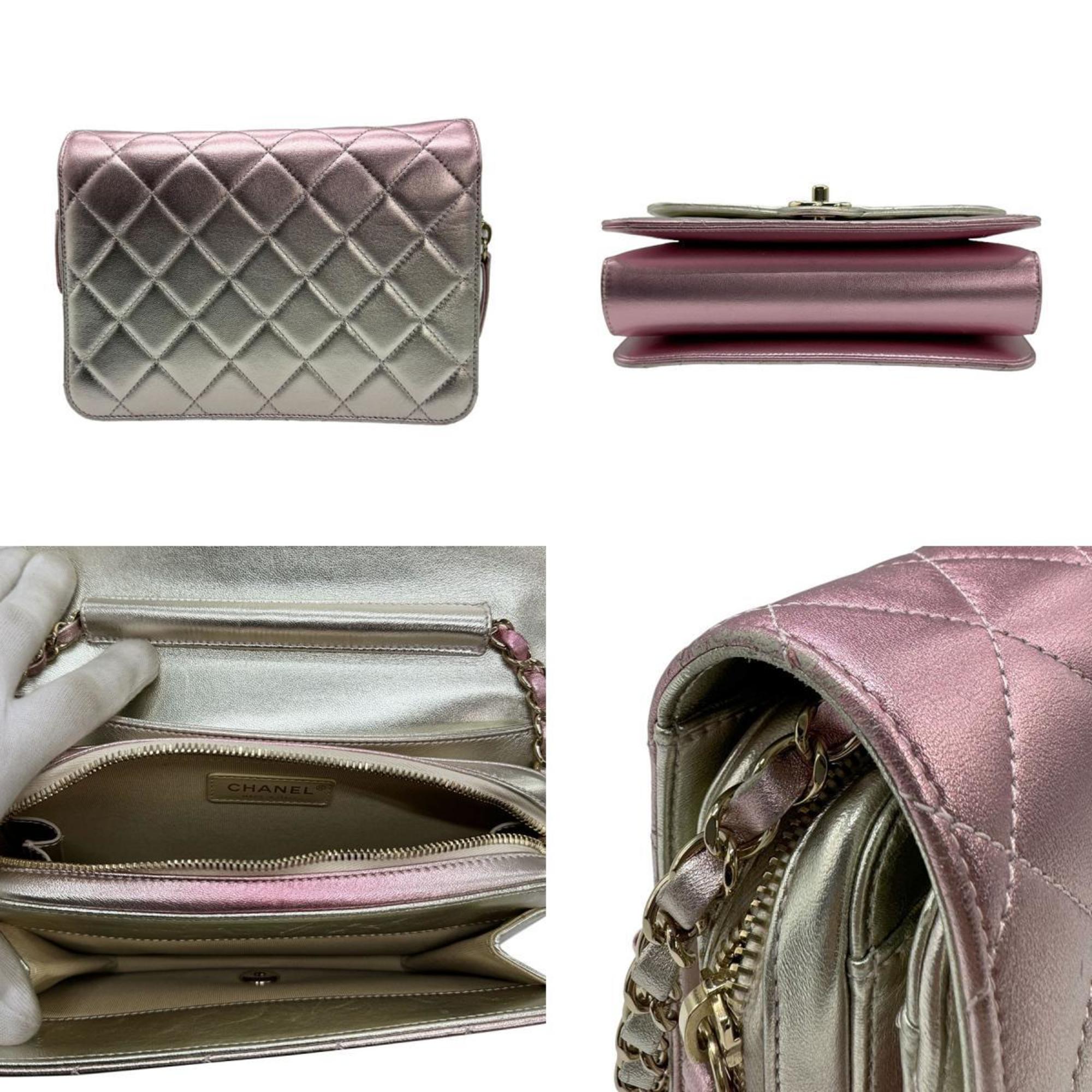 CHANEL Shoulder Bag Leather Silver x Metallic Pink Women's z0859