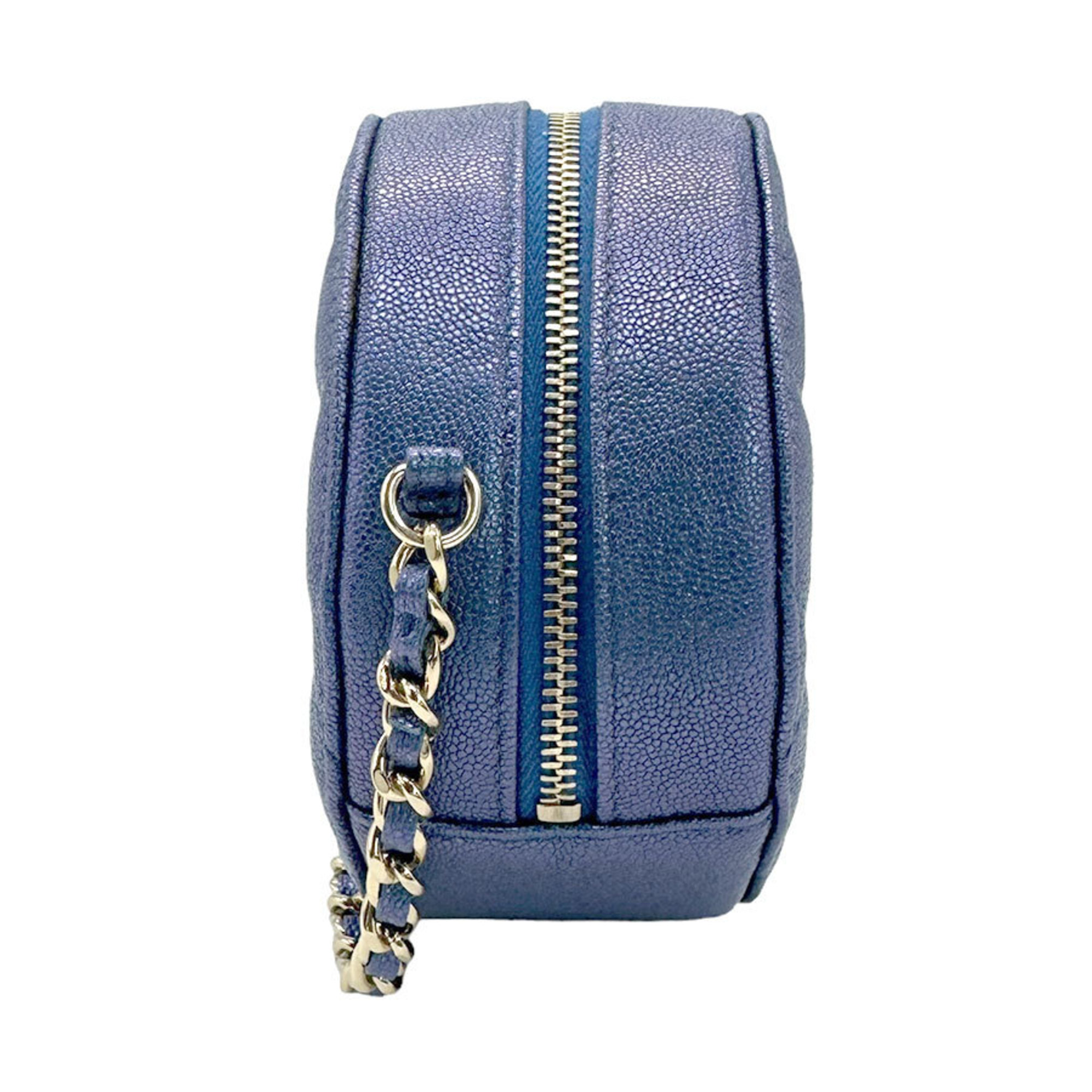 CHANEL Shoulder Bag Pochette Leather Metallic Blue Women's z0920