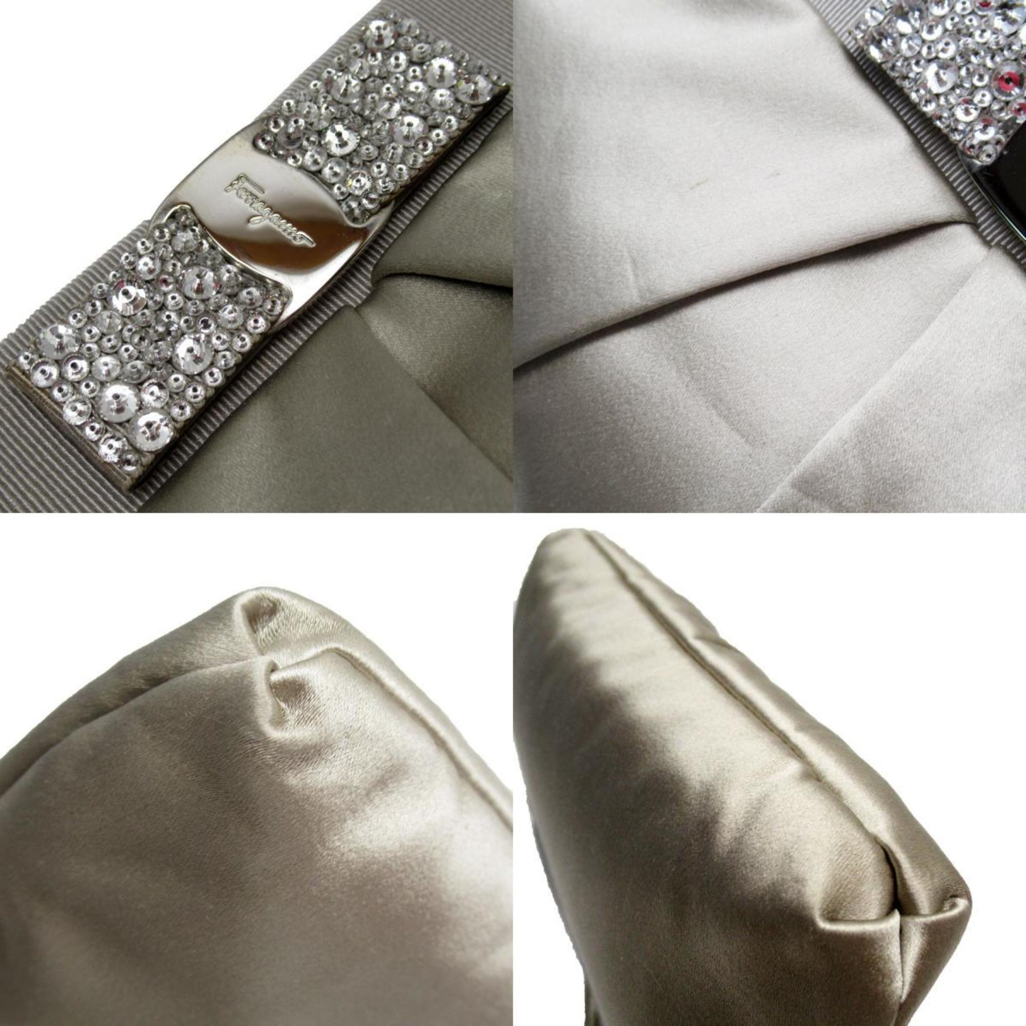 Salvatore Ferragamo Shoulder Bag Vara Ribbon Satin Metallic Light Gray Silver Women's w0272a