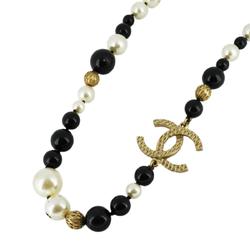Chanel Necklace Coco Mark Fake Pearl Gold Black White A16B Women's