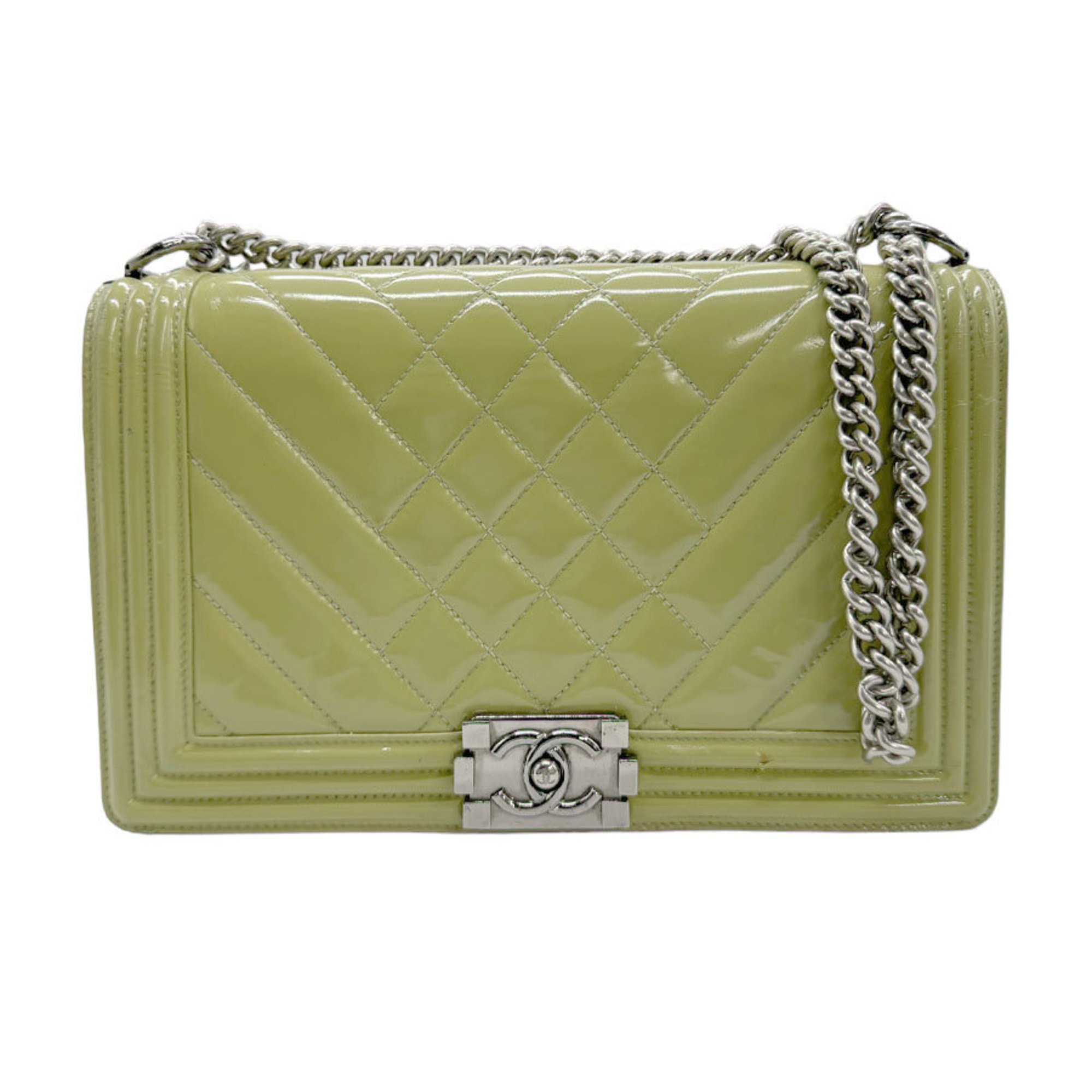 CHANEL Shoulder Bag Boy Chanel Patent Leather Light Green Women's z0946