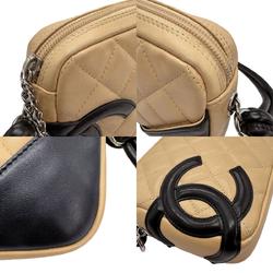 CHANEL Handbag Pouch Cambon Line Lambskin Beige x Black Women's z0867