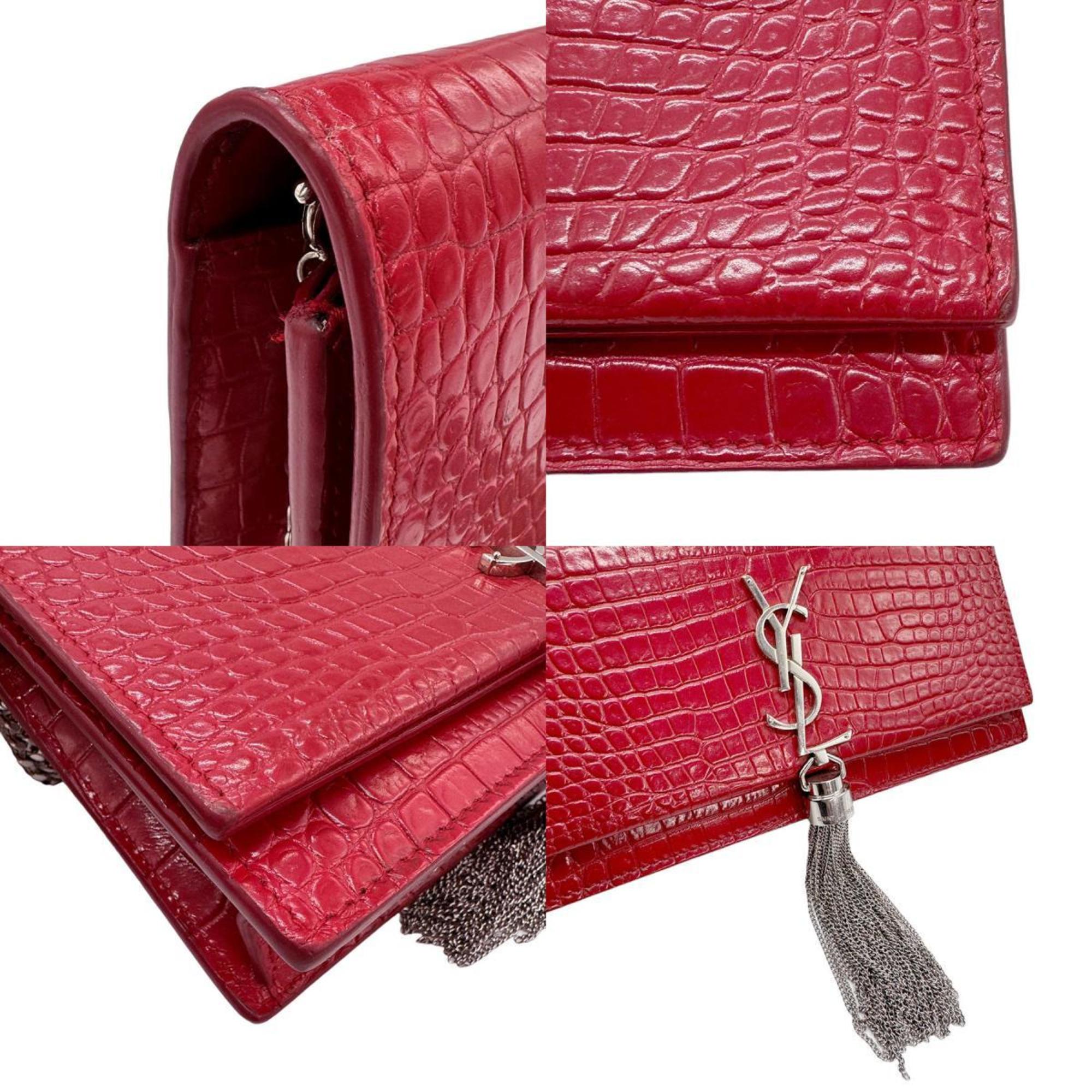 Saint Laurent SAINT LAURENT Chain Wallet Embossed Leather Red Women's 452159 z0846